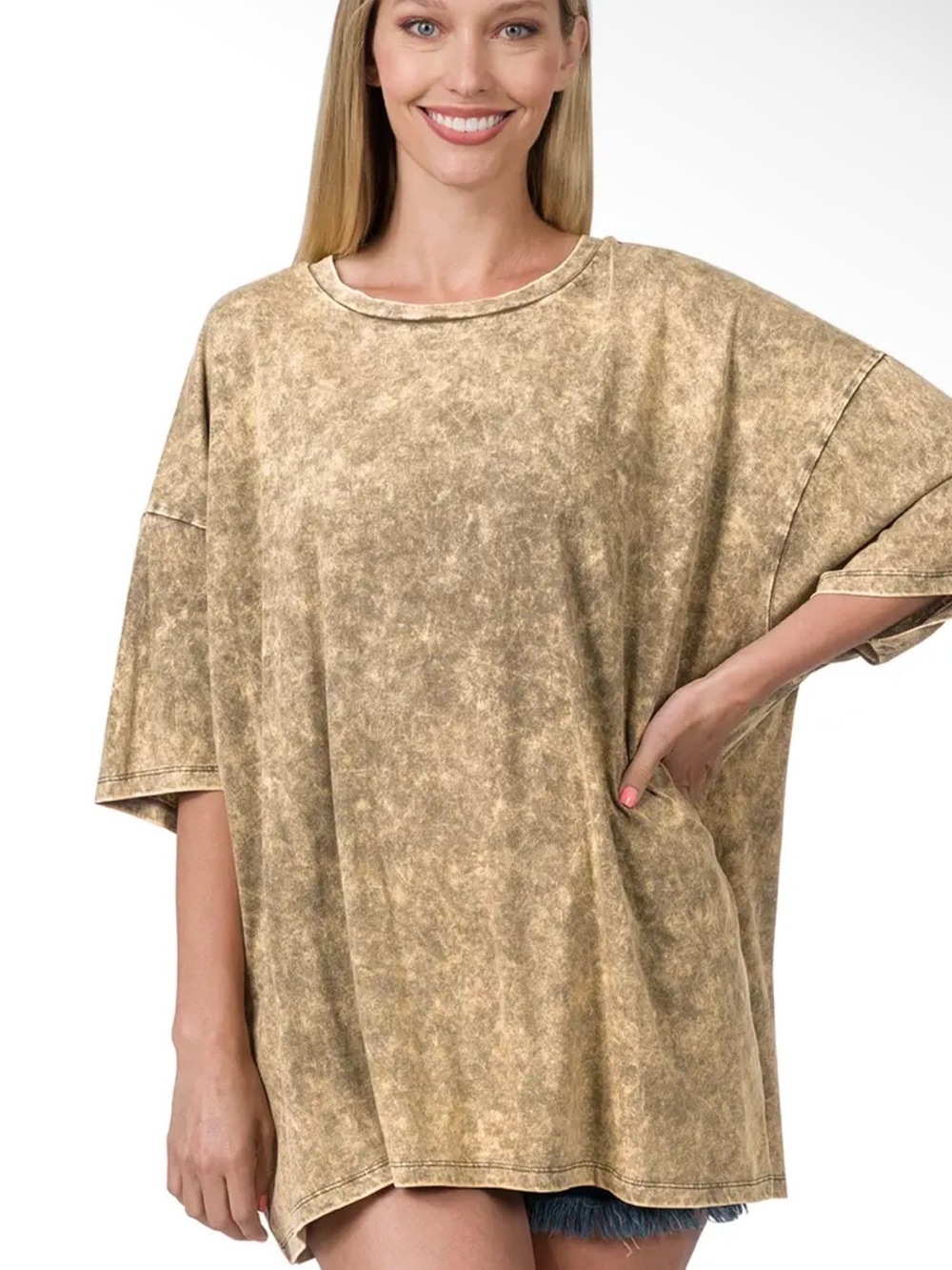 Zenana Relaxed Mineral-Wash Oversized Tee - Tan